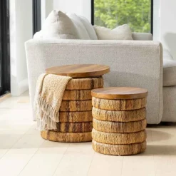 Abaca Woven Drum Nesting Tables, Set of 2