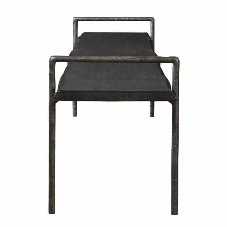 Acacia Live Edge Gray Bench with Textured Iron Frame