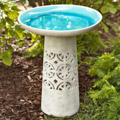 Aqua Crackle Glazed Ceramic Birdbath