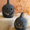 Artisan-Made Black Jack-O-Lantern Candle Holders, Set of 2