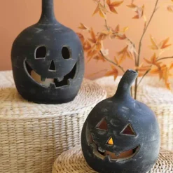 Artisan-Made Black Jack-O-Lantern Candle Holders, Set of 2