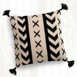 Black and White Geo Print Tasseled Outdoor Throw Pillow, 22" Sq.