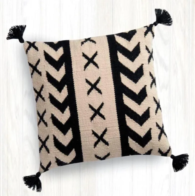 Black and White Geo Print Tasseled Outdoor Throw Pillow, 22" Sq.