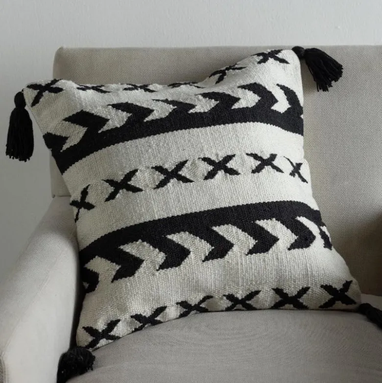 Black and White Geo Print Tasseled Outdoor Throw Pillow, 22" Sq.