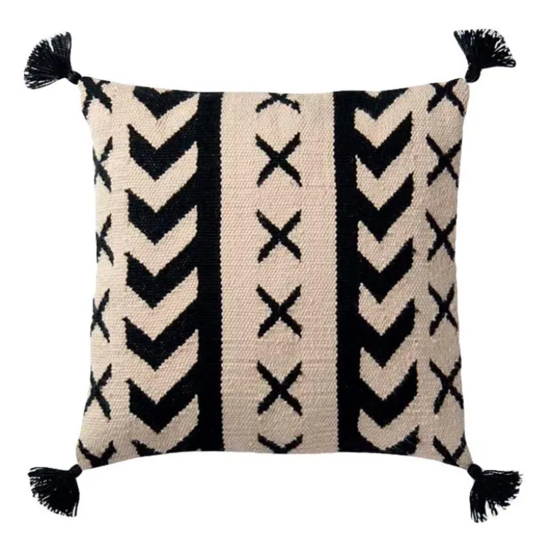 Black and White Geo Print Tasseled Outdoor Throw Pillow, 22" Sq.