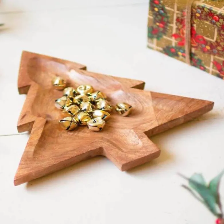 Carved Wood Christmas Tree Platter
