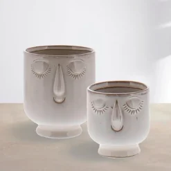 Ceramic Cream-Colored Serene Face Cachepots, Set of 2