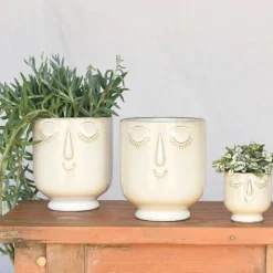 Ceramic Cream-Colored Serene Face Cachepots, Set of 2