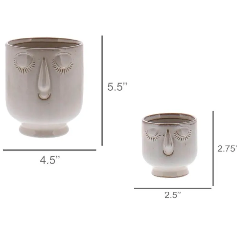 Ceramic Cream-Colored Serene Face Cachepots, Set of 2
