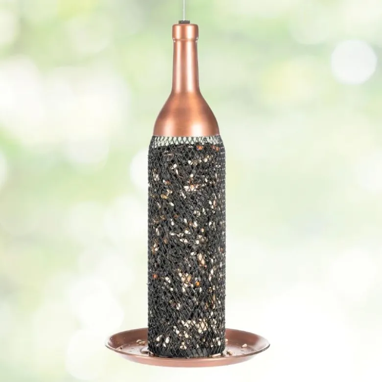 Copper-Finished Mesh Wine Bottle Bird Feeder