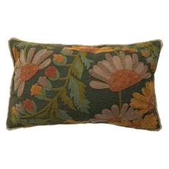 Embroidered Lumbar Pillow with Flowers