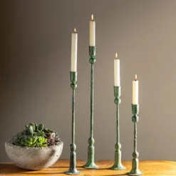 Forged Iron Green Patina Taper Candle Holders, Set of 4
