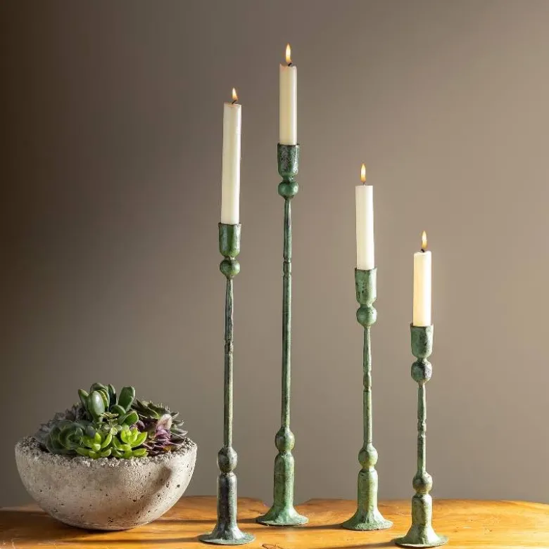 Forged Iron Green Patina Taper Candle Holders, Set of 4