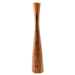 Glass Infused Teak Candle Holder, Short - Gold