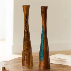 Glass Infused Teak Candle Holder, Tall