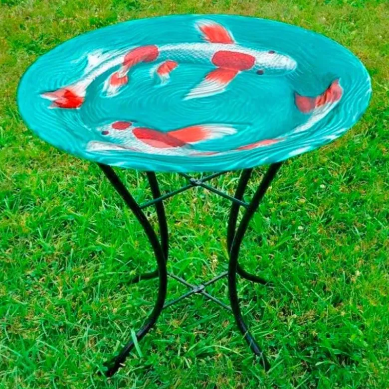 Glass Koi Birdbath with Metal Stand