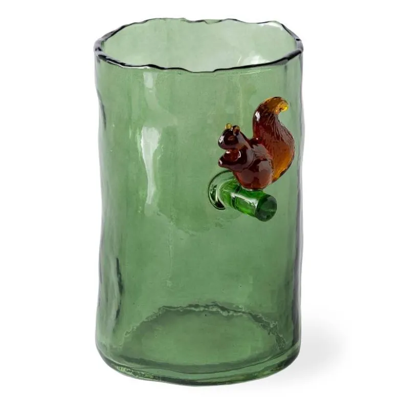 Green Glass Hurricane with Squirrel, 6"H