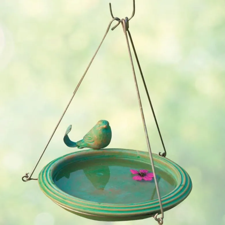 Hanging Birdbath with Perched Bird (teal)