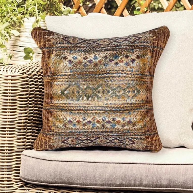 Indoor/Outdoor Marina Tribal Gold Stripe Pillow, 18" sq