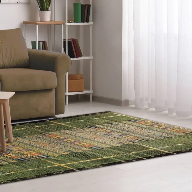 Indoor/ Outdoor Marina Tribal Stripe Green Rug, 3' x 5'