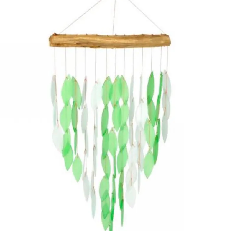 Large Glass Leaves on Driftwood Chime - Green