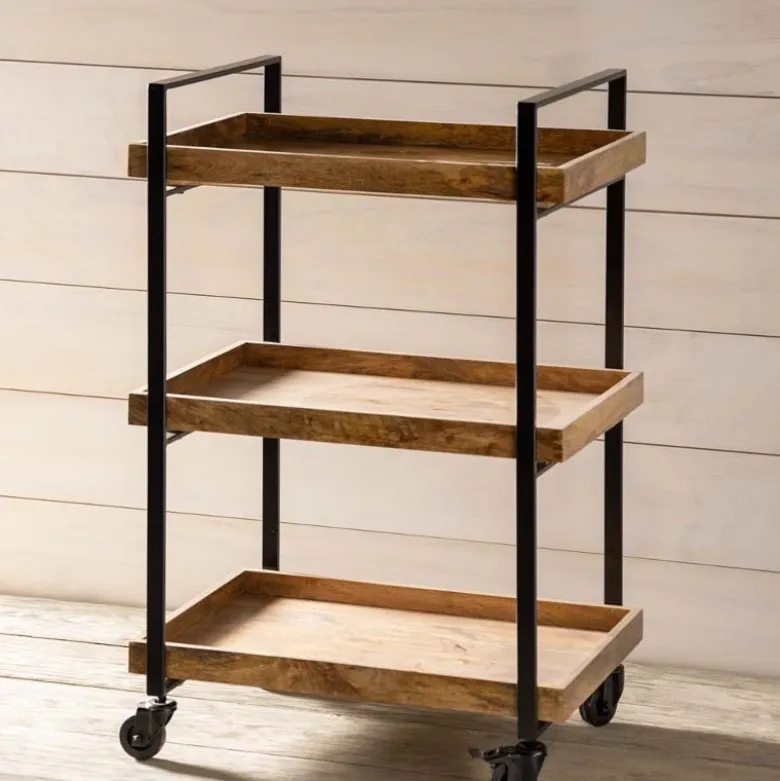 Mango Wood 3-Tier Rolling Storage Cart