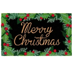 Merry Christmas Holly Coir Doormat