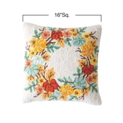 Pumpkin Wreath Hand-Hooked Wool Throw Pillow, 16
