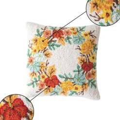 Pumpkin Wreath Hand-Hooked Wool Throw Pillow, 16