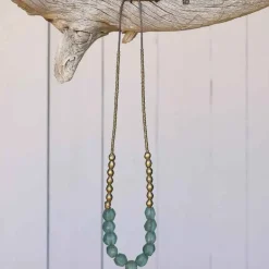Recycled Sea Glass Beaded Brass Necklace (aqua)