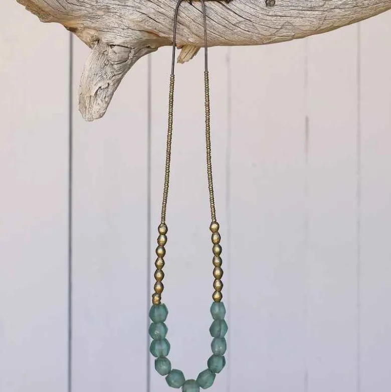 Recycled Sea Glass Beaded Brass Necklace (aqua)