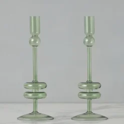 Sage Glass Candlestick Pair