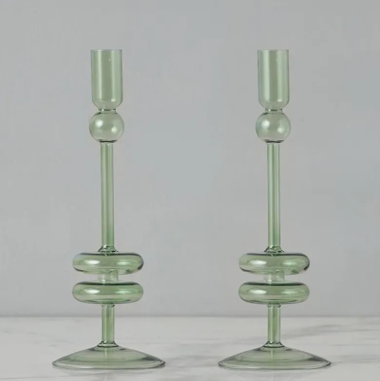Sage Glass Candlestick Pair