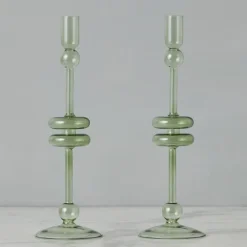 Sage Glass Candlestick Pair