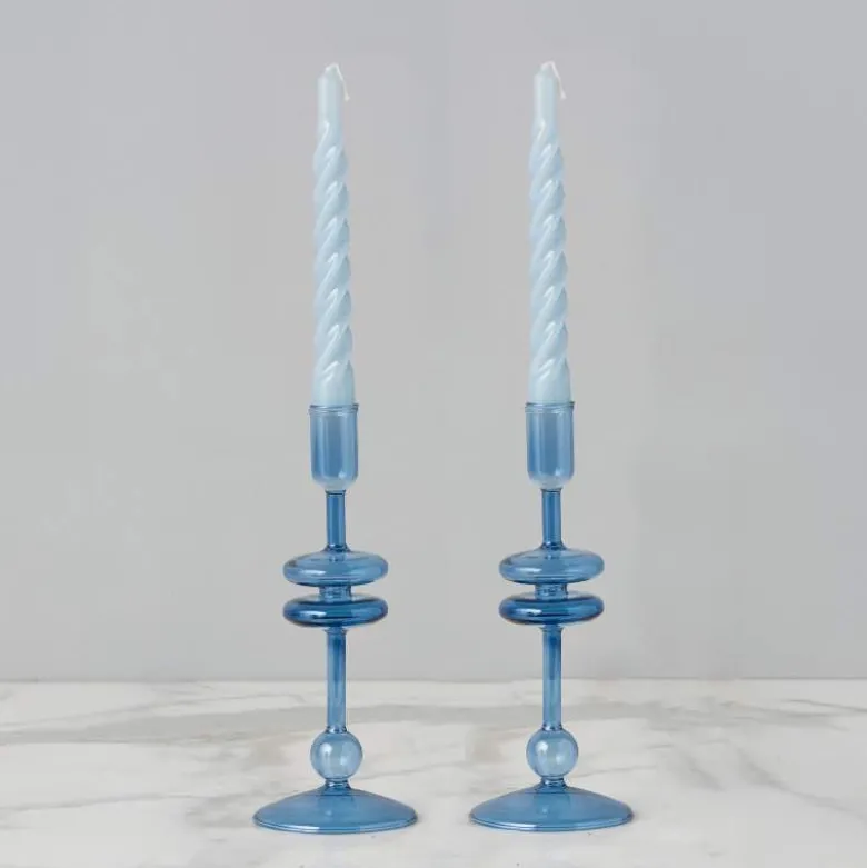9" Sapphire Blue Glass Candlesticks, set of 2