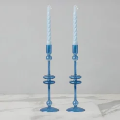12" Sapphire Blue Glass Candlesticks, set of 2