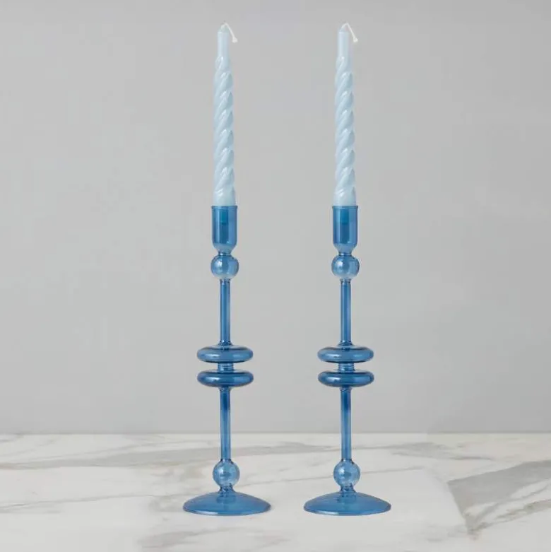 12" Sapphire Blue Glass Candlesticks, set of 2