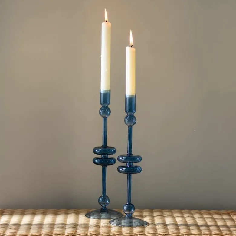 12" Sapphire Blue Glass Candlesticks, set of 2