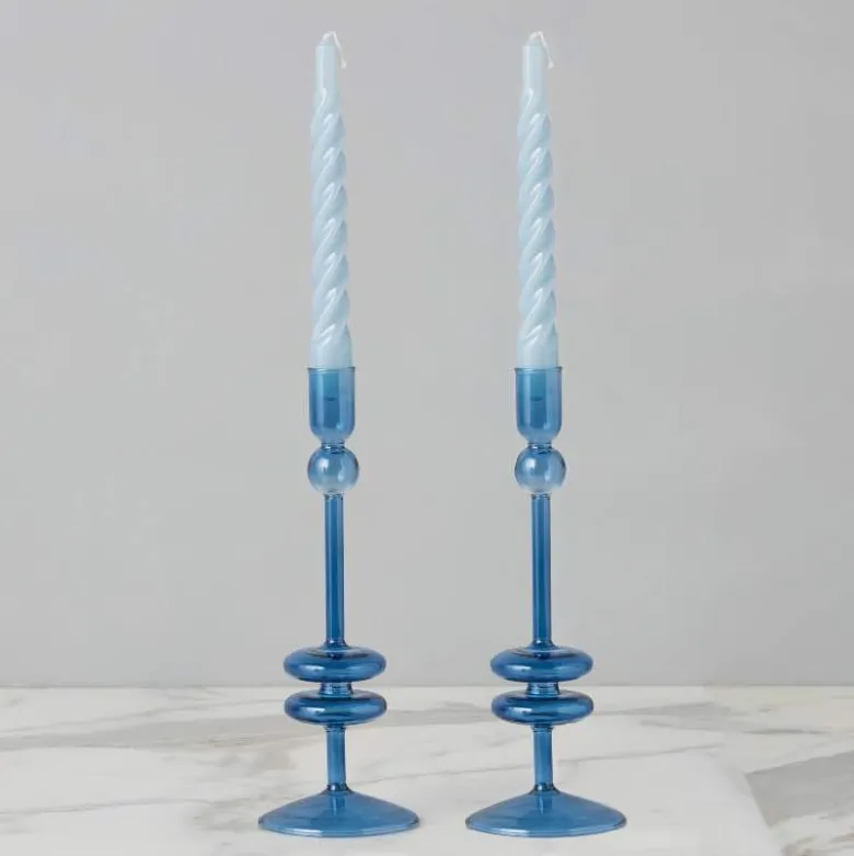 10" Sapphire Blue Glass Candlesticks, set of 2