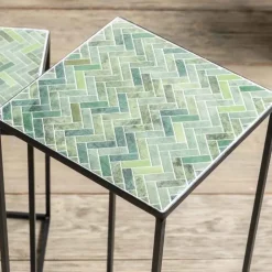Set of 2 Green Herringbone Stone Mosaic Accent Stands