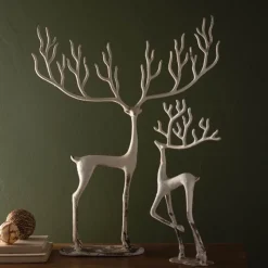 Set of 2 White Cast Iron Deer Sculptures