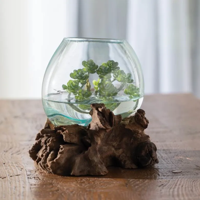 Small Glass Bowl with Teak Wood Stand