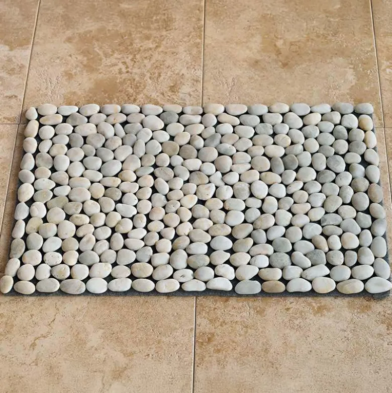 Smooth River Rock Stone Floor Mat, Indoor/ Outdoor - White