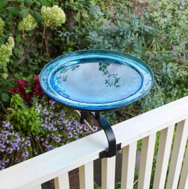 12" Teal Crackle Glass Bird Bath with Railing Mount