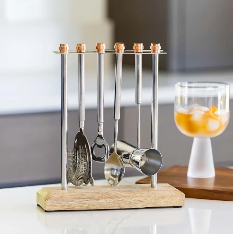 Wood and Stainless Steel Bar Set with Stand