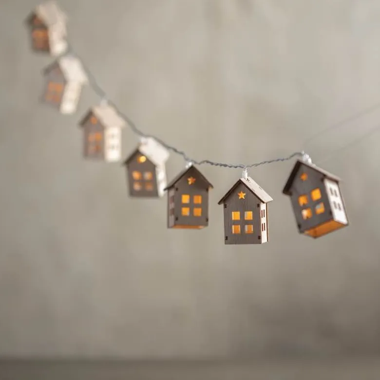 Wooden House LED String Lights, 53"L