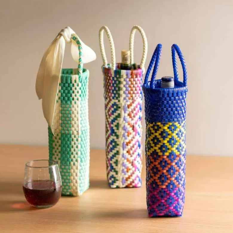 Woven Recycled Plastic Wine Tote - Turquoise Checks